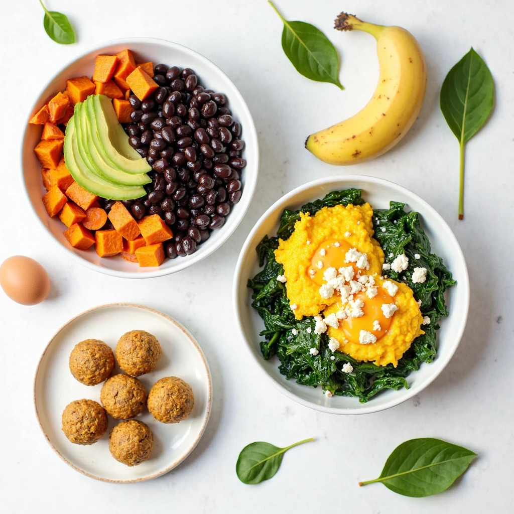 Quick and healthy 3-ingredient meals - sweet potato bowl, spinach scramble, and energy bites under $3 each