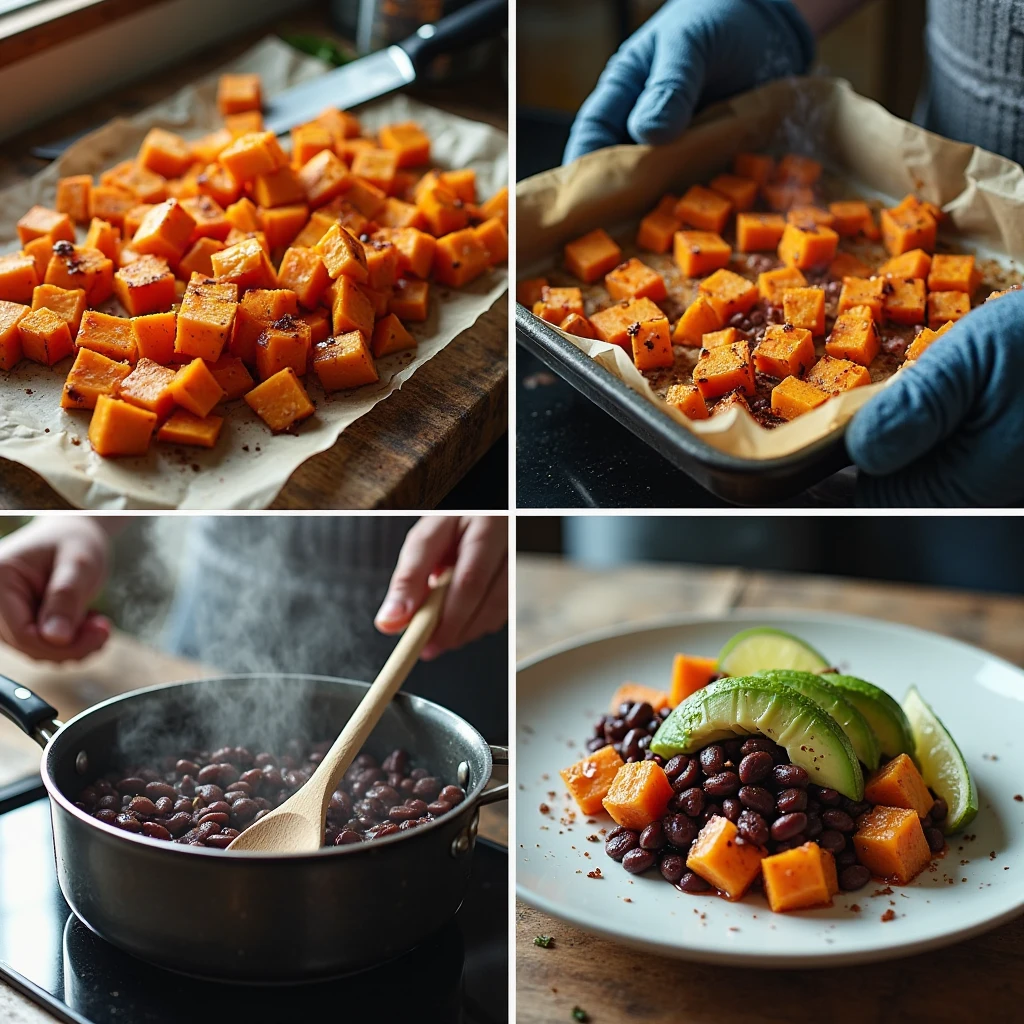 Quick and Healthy 3-Ingredient Budget Meals That Changed My Life (No More Guilt or Stress!) 3 Step-by-step photo tutorial showing how to make healthy sweet potato bowl with black beans and avocado in 4 easy steps