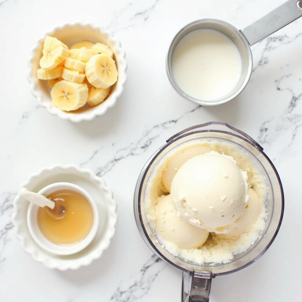 The Ultimate Guide to 3 Ingredient Banana Ice Cream: Simple, Creamy, and Absolutely Delicious 7 Step by step process showing frozen bananas, cream, and honey being blended into smooth ice cream