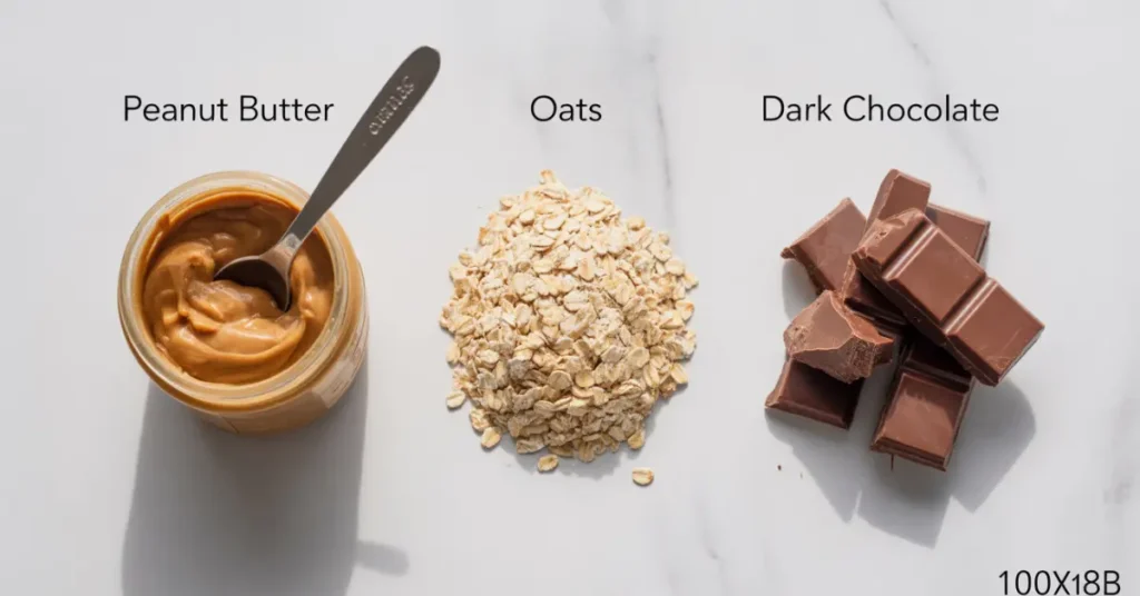 Close-up of chewy no-bake cookie showing oats, chocolate chips and peanut butter texture