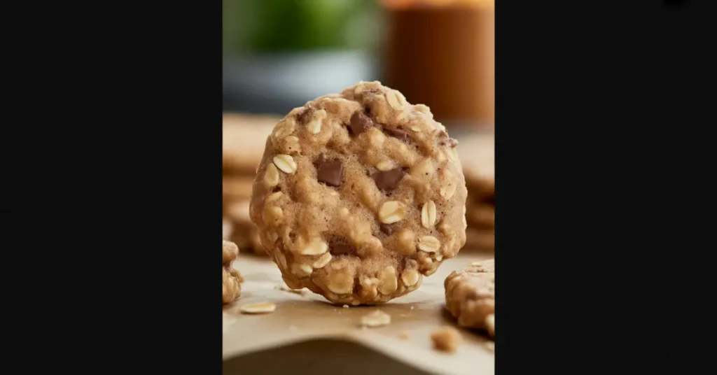 Single 3-ingredient no-bake cookie on white background showing homemade texture