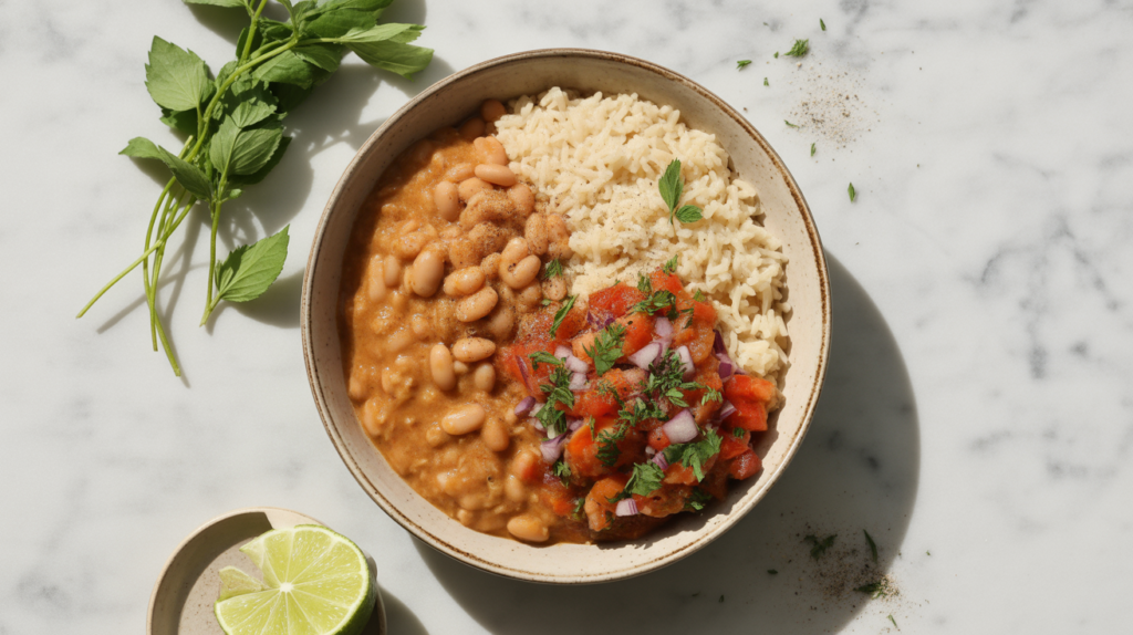 Budget 3-ingredient dinner with beans, rice, and salsa.