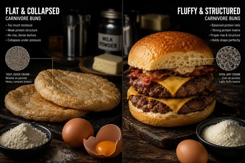 3 Ingredient Carnivore Burger Buns: The Ultimate Simple Recipe for Summer Grilling 7 Fluffy carnivore burger buns compared to flat dense carnivore buns