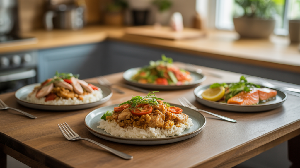 Healthy 3-Ingredient Dinner Recipes bowl with chicken, rice, and broccoli.