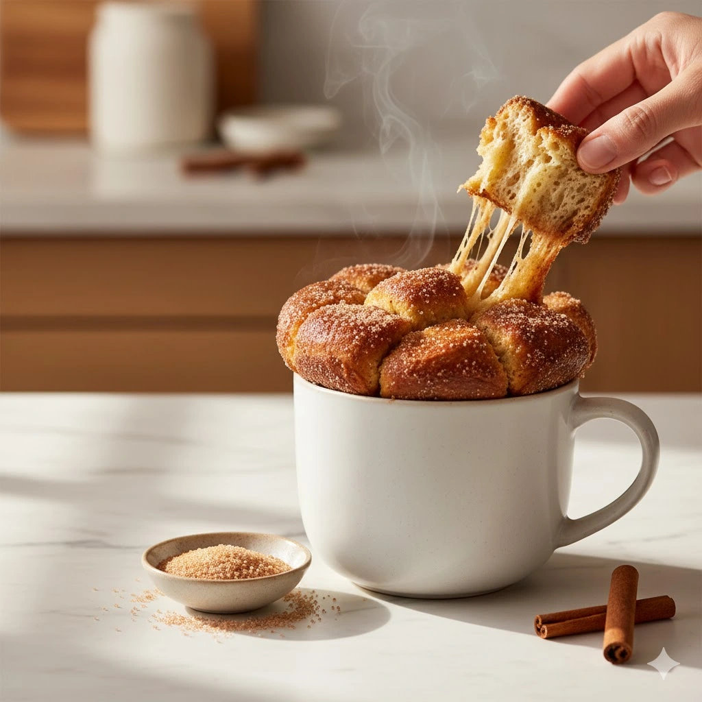 3-ingredient microwave monkey bread in white mug with cinnamon sugar coating, pull-apart pieces visible, quick single serve dessert