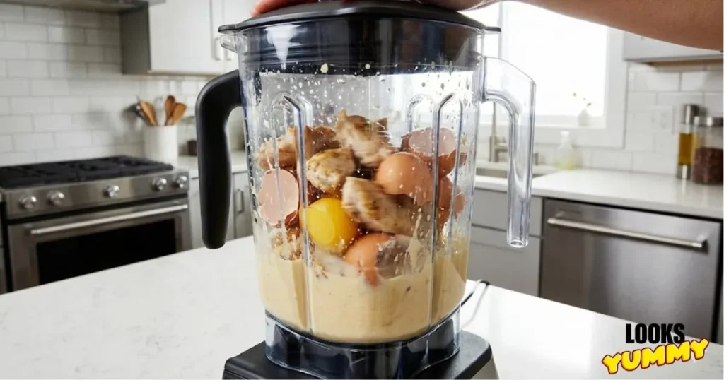 Blending chicken and eggs into smooth batter for 2 ingredient carnivore bread