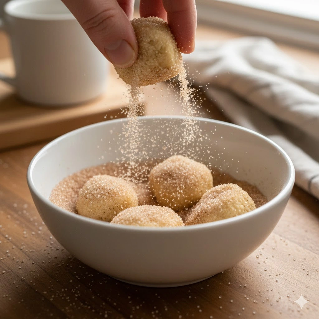 Biscuit dough pieces being coated in cinnamon sugar mixture for 3 ingredient microwave monkey bread