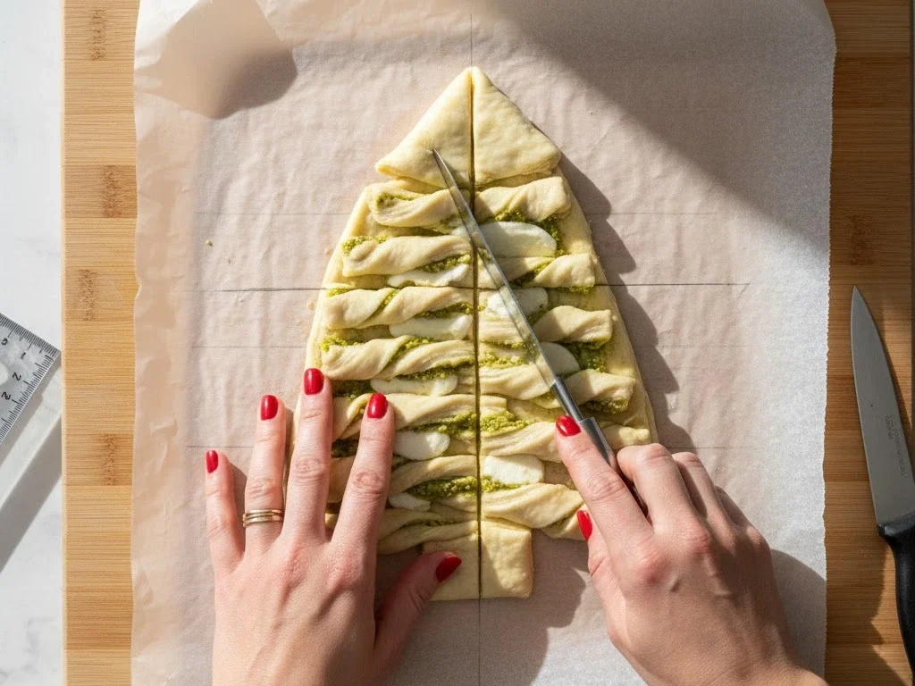 Hands cutting puff pastry into Christmas tree shape with pizza cutter, step by step tutorial for christmas tree puff pastry