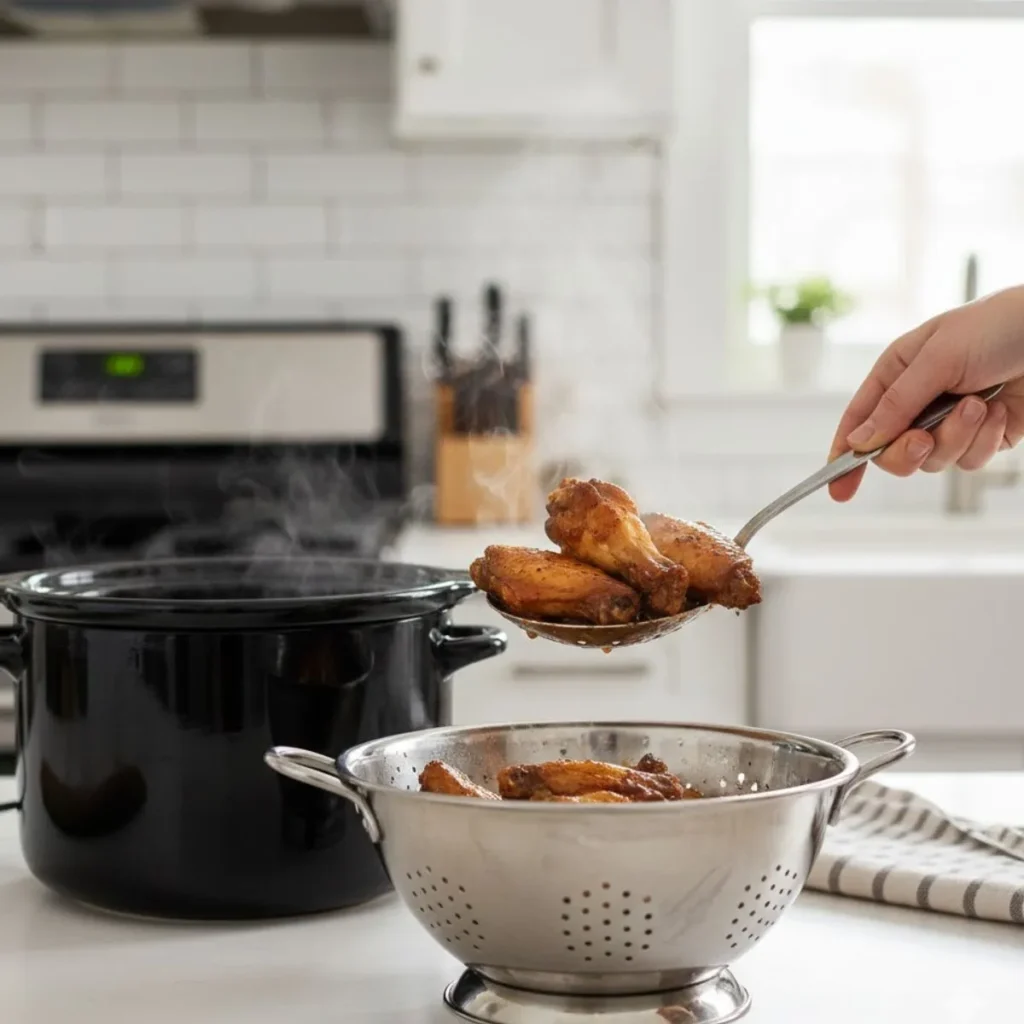 Using slotted spoon to drain tender crock pot chicken wings in colander