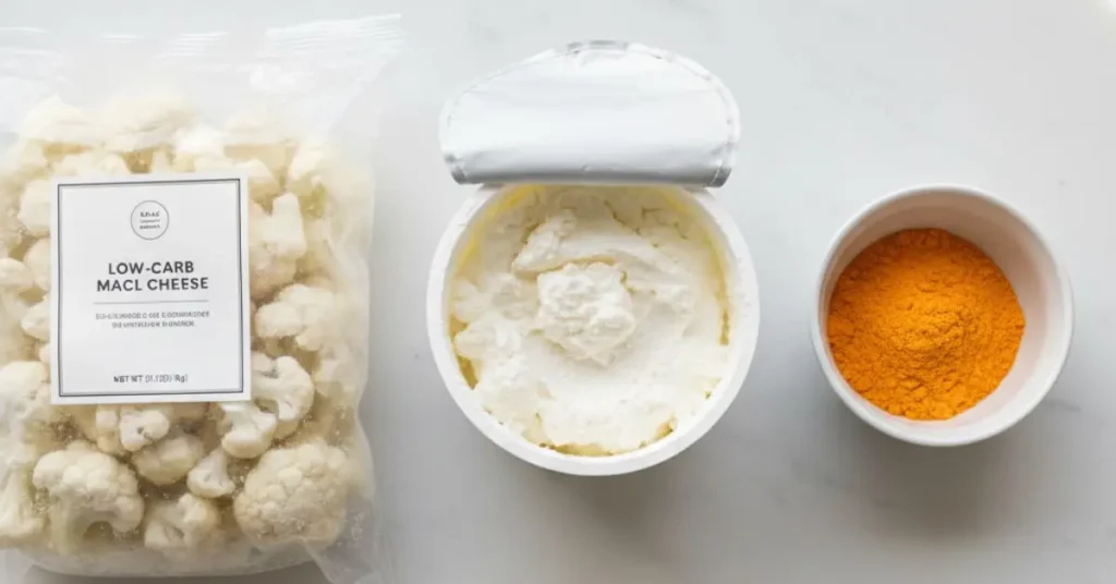 Three simple ingredients for low carb mac and cheese: cauliflower, cottage cheese, cheddar powder