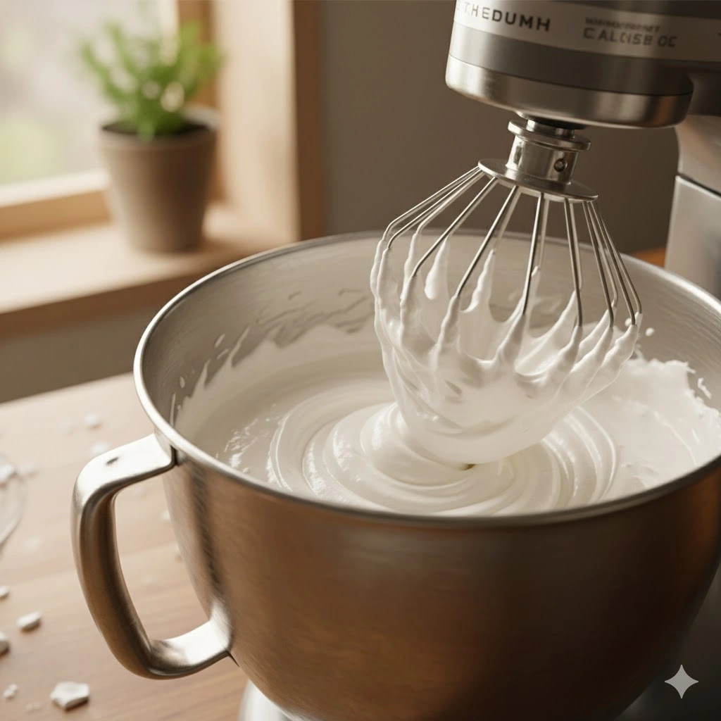 Whipping fluffy marshmallow mixture in a mixer during marshmallow making at home
