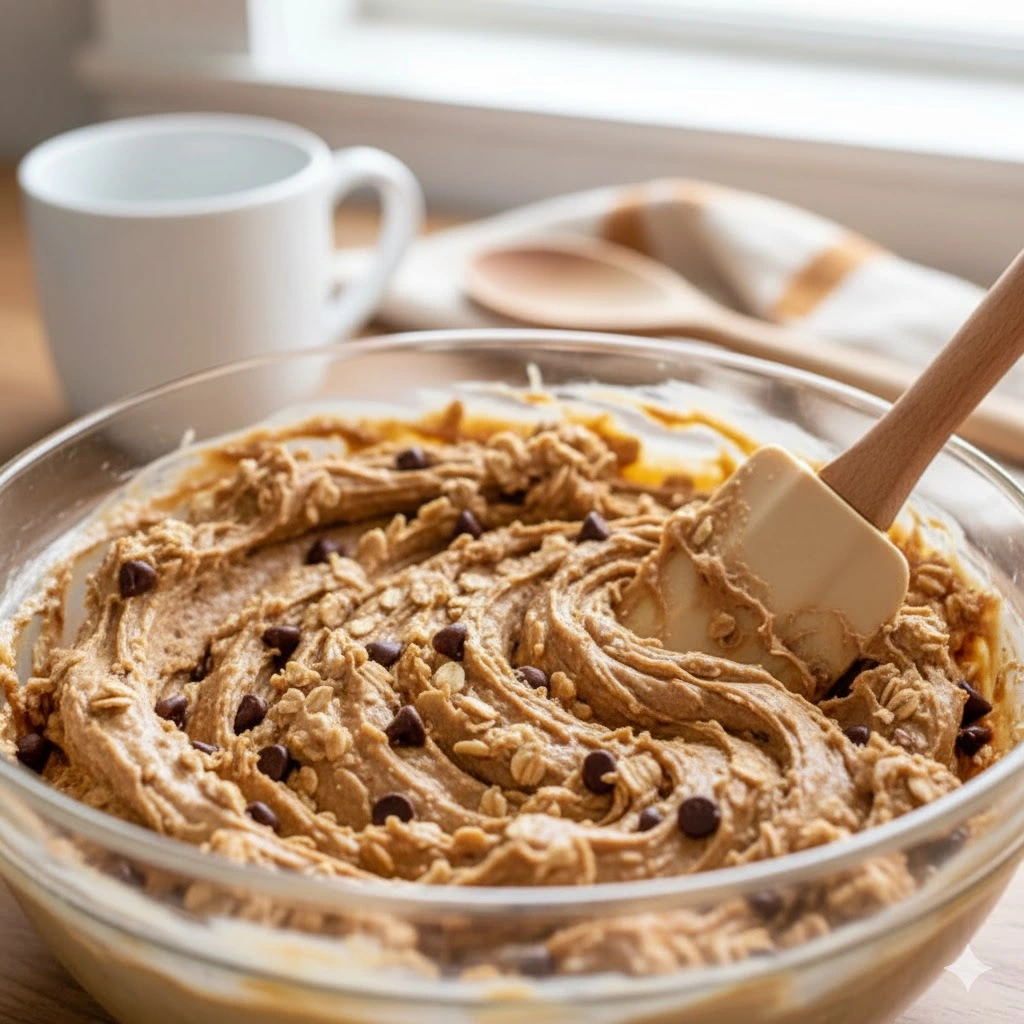 Mixing the base for healthy cookie dough bark with oats and chocolate chips in a bowl”