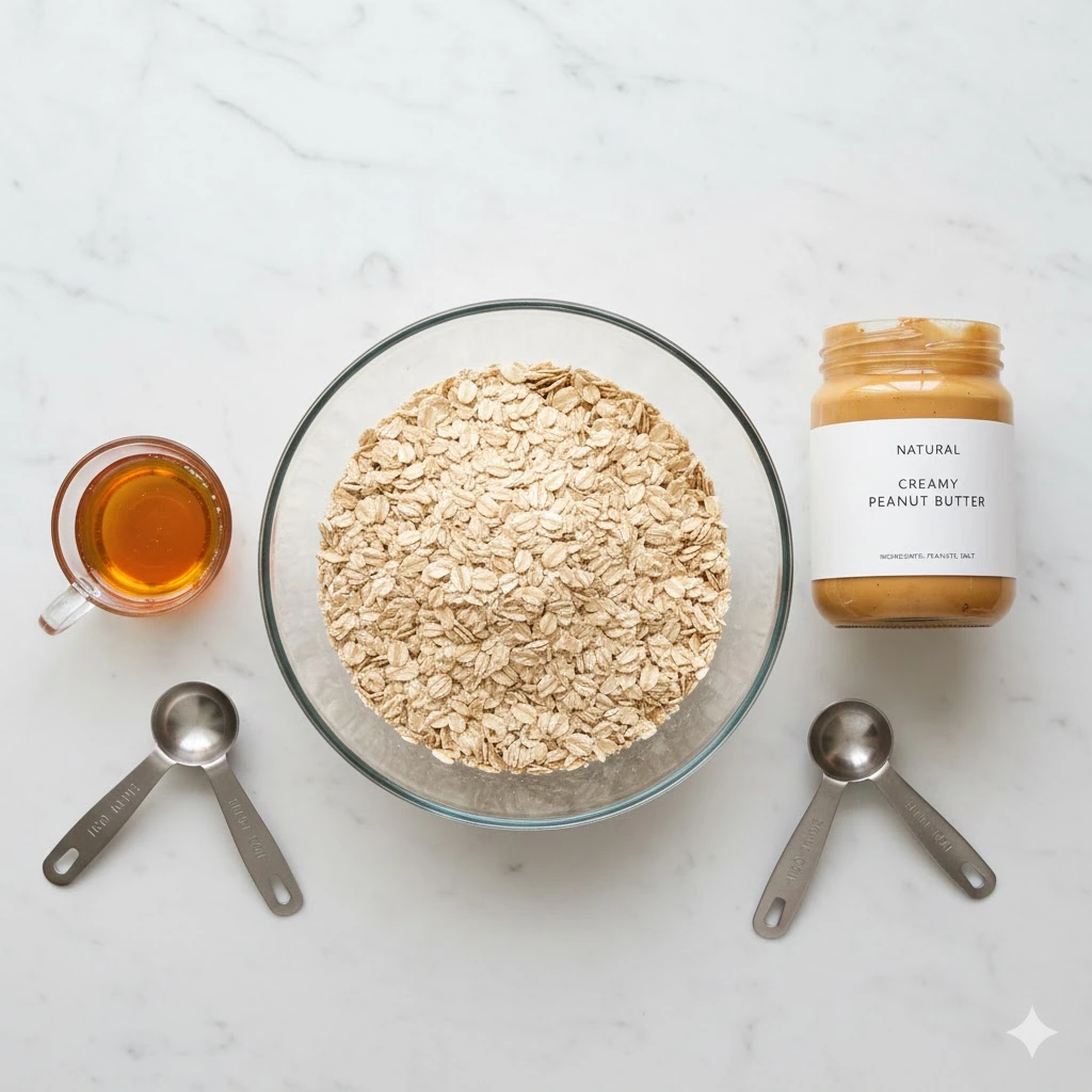 3 Ingredient No Bake Cookies: The Complete 2026 Guide You Can Actually Trust (Simple, Clear & Backed by Expertise) 3 Three simple ingredients for no bake cookies: rolled oats in bowl, peanut butter in jar, honey in glass container on marble counter