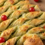 Golden brown puff pastry Christmas tree with twisted branches filled with pesto on wooden board, festive holiday appetizer