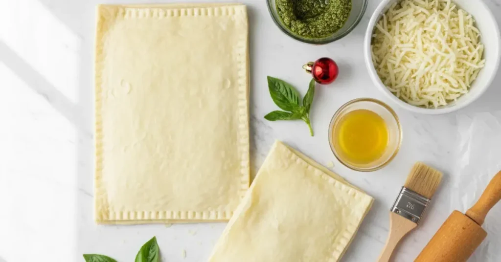 Ingredients for puff pastry Christmas tree: frozen puff pastry sheets, pesto jar, shredded cheese, egg, on marble counter