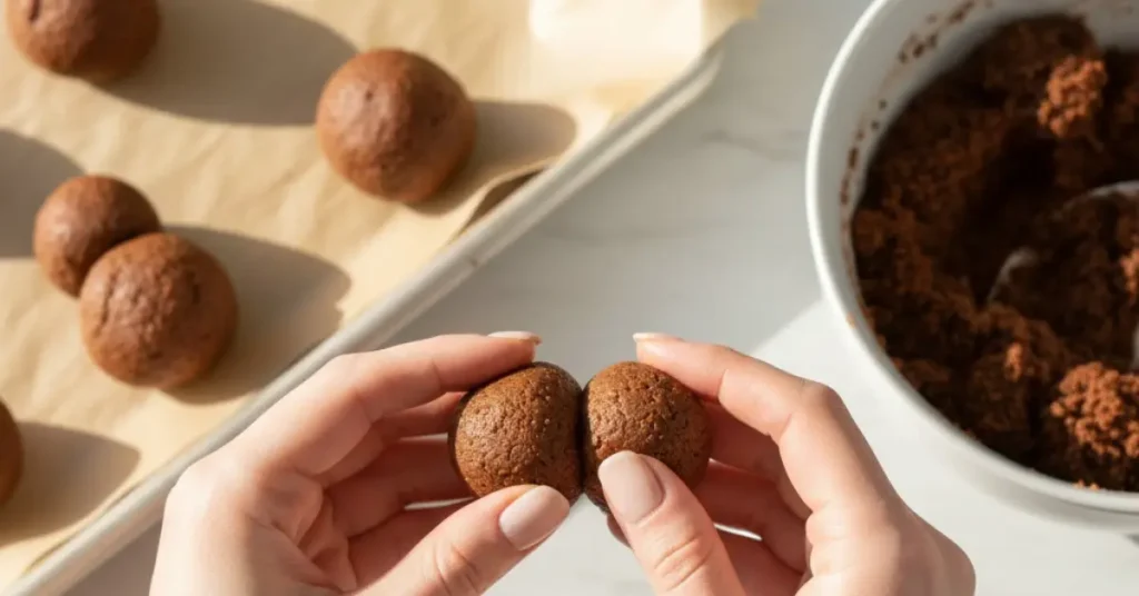 Hands rolling cake and frosting mixture into two balls to create snowman shape for 3 ingredient snowman cake pops