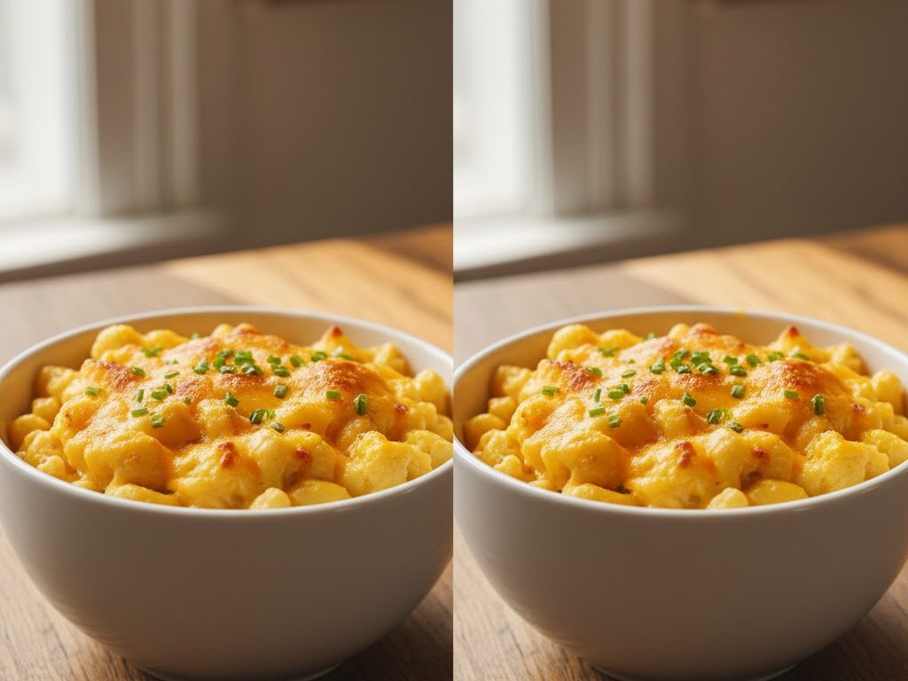 Comparison of traditional mac and cheese versus low carb cauliflower mac and cheese