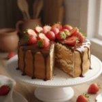 3 ingredient biscuit cake topped with fresh strawberries and chocolate drizzle on white cake stand