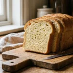Freshly baked 3 ingredient white sandwich bread nut free showing golden crust and fluffy interior texture on wooden cutting board