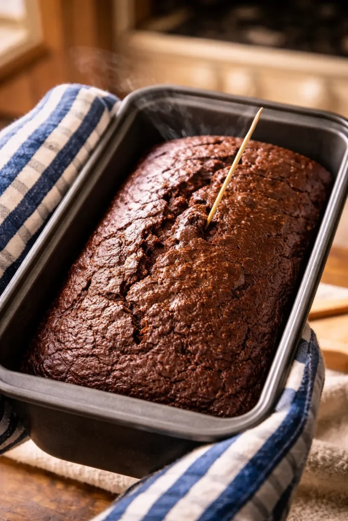 2 Ingredient Chocolate Bread – Easy, Budget-Friendly, Ready in 30 Minutes 6 Freshly baked 2 ingredient chocolate bread in loaf pan with toothpick test showing it's perfectly done after 25 minutes