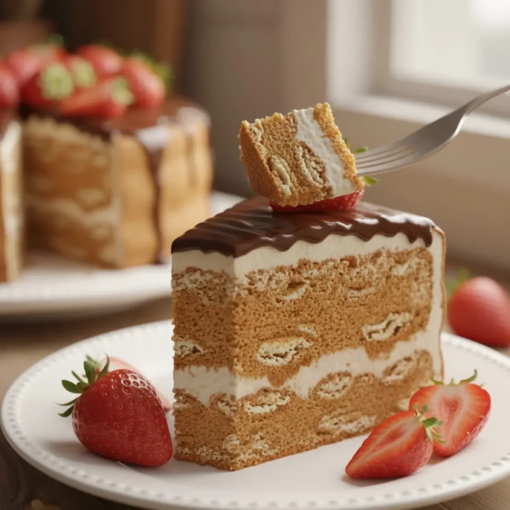 Three ingredients for biscuit cake - crushed biscuits, baking powder, and milk on marble counter