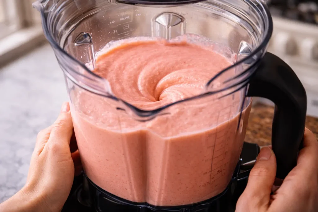 Blender filled with smooth pink cottage cheese and marinara sauce mixture blended until completely lump-free for pizza dip