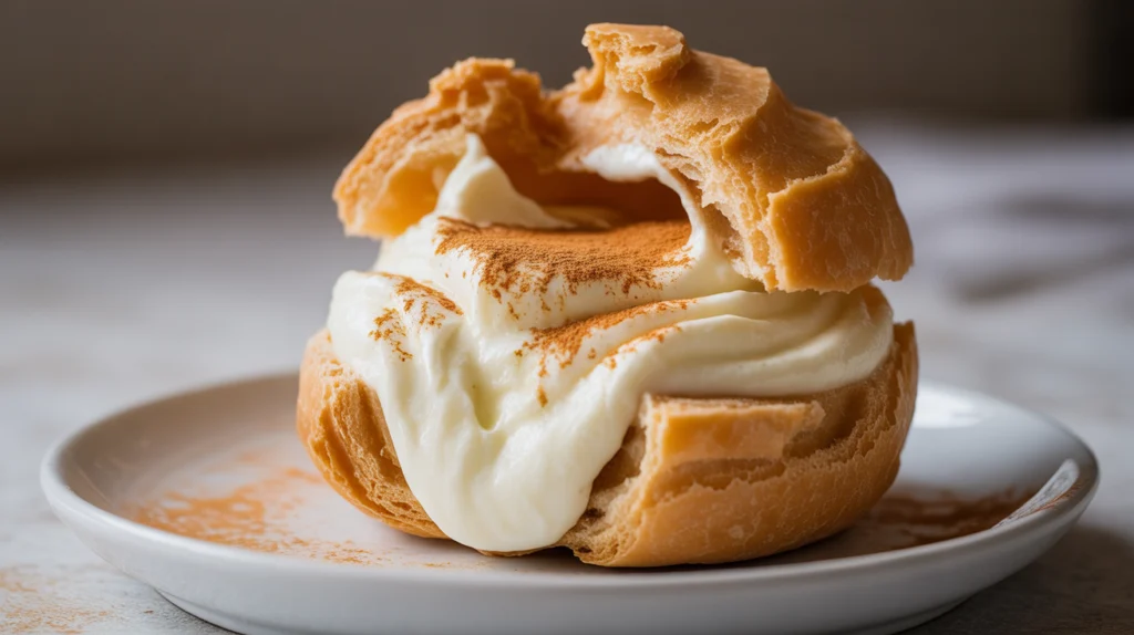 Carnivore cream puff filled with Greek yogurt and cinnamon - high protein zero carb dessert