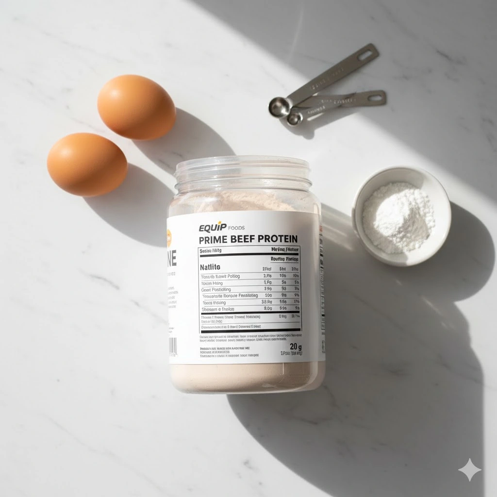  3 simple ingredients for carnivore cream puffs - eggs, beef protein powder, baking powder on marble surface