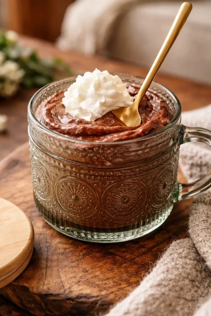 Two servings of egg chocolate pudding in mason jars topped with whipped cream and fresh berries