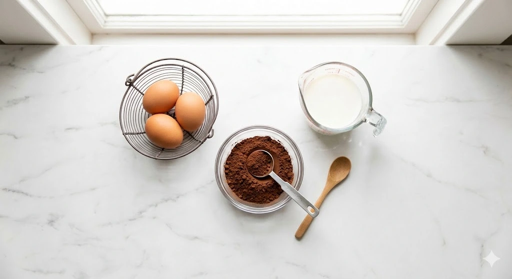 Three ingredients for chocolate pudding - eggs, cocoa powder, and milk arranged on white marble counter