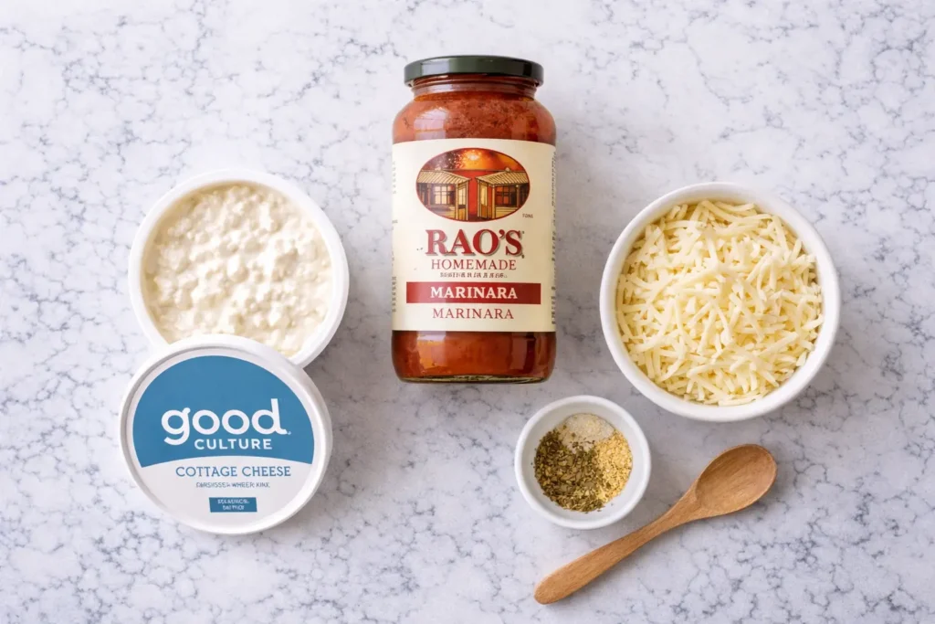 Three ingredients for cottage cheese pizza dip - Good Culture cottage cheese container, Rao's marinara sauce jar, and shredded mozzarella in bowl on marble counter
