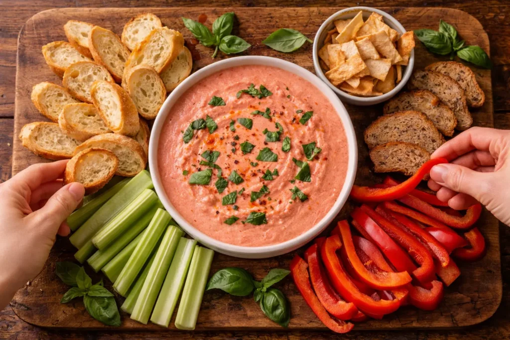 Cottage cheese pizza dip surrounded by toasted bread, celery sticks, bell peppers, and low-carb protein bread showing multiple dipping options