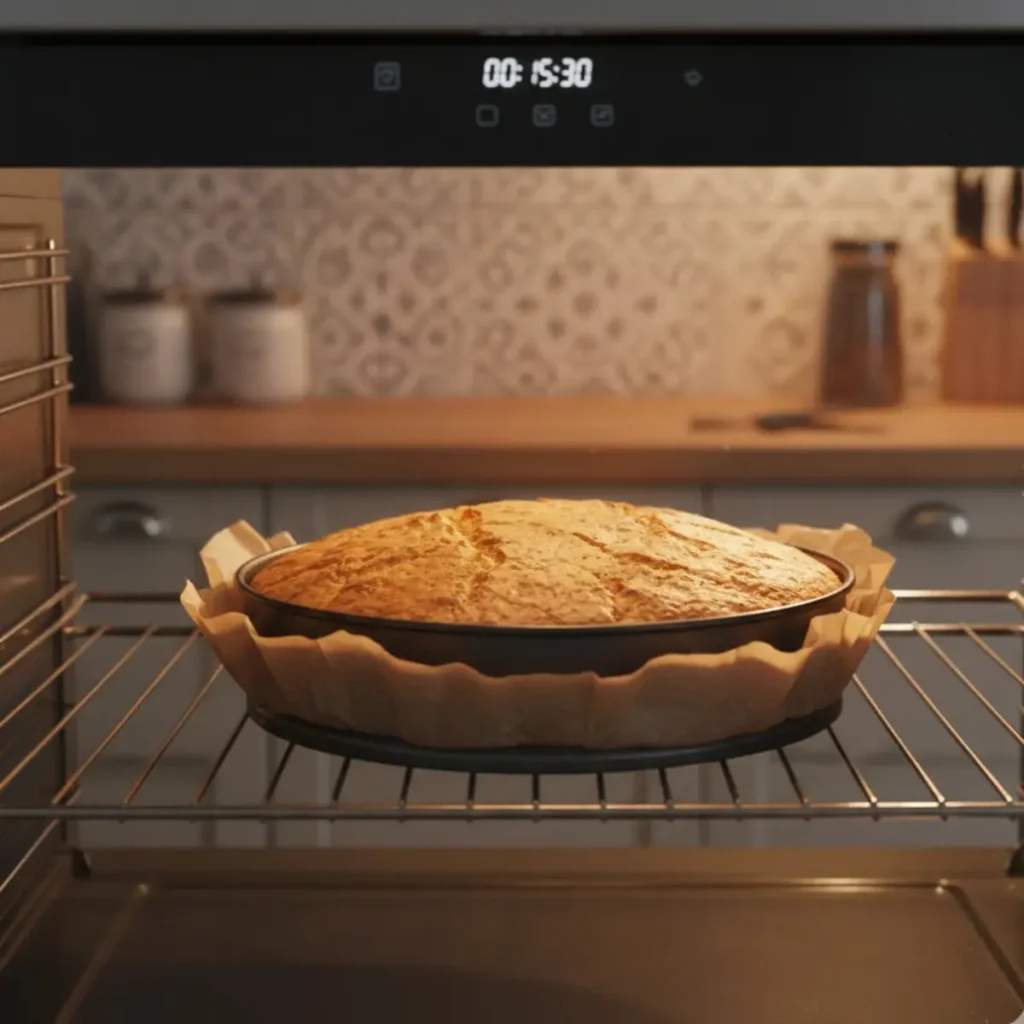 Golden brown biscuit cake baking in oven in round parchment-lined pan