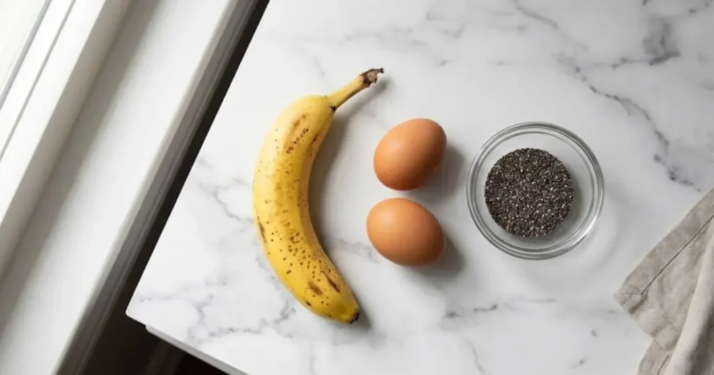 Three ingredients for gluten free pancakes - banana, eggs, and chia seeds on marble counter