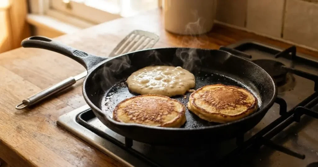 3 ingredient banana pancakes cooking in cast iron skillet with bubbles forming on surface