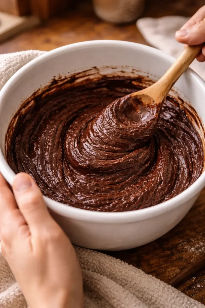2 Ingredient Chocolate Bread – Easy, Budget-Friendly, Ready in 30 Minutes 9 Thick chocolate batter for 2 ingredient bread being mixed in white bowl showing brownie-like consistency