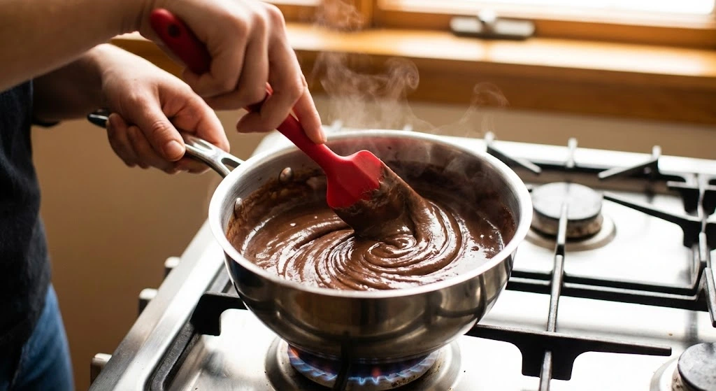 Stirring chocolate pudding mixture with silicone spatula in pot showing thick creamy consistency