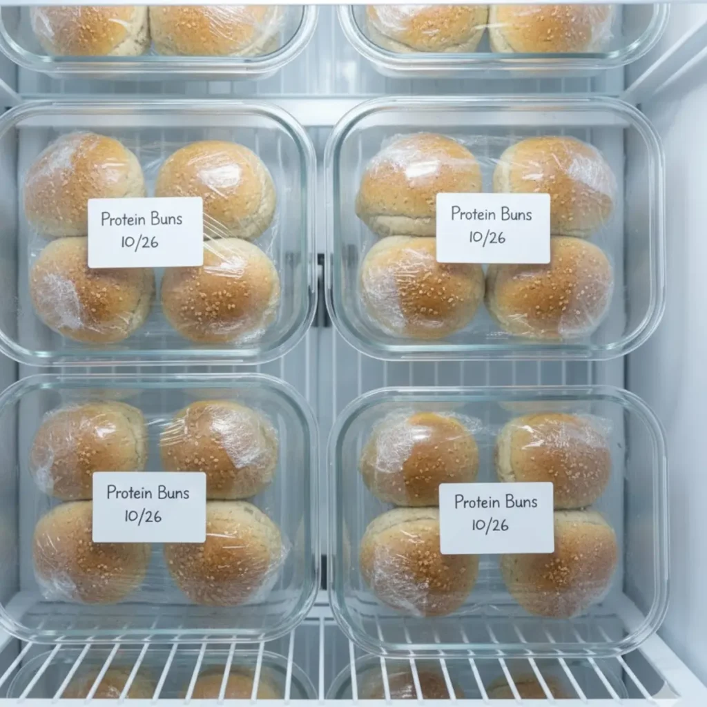 Meal prep storage of 4 ingredient protein burger buns individually wrapped for freezer