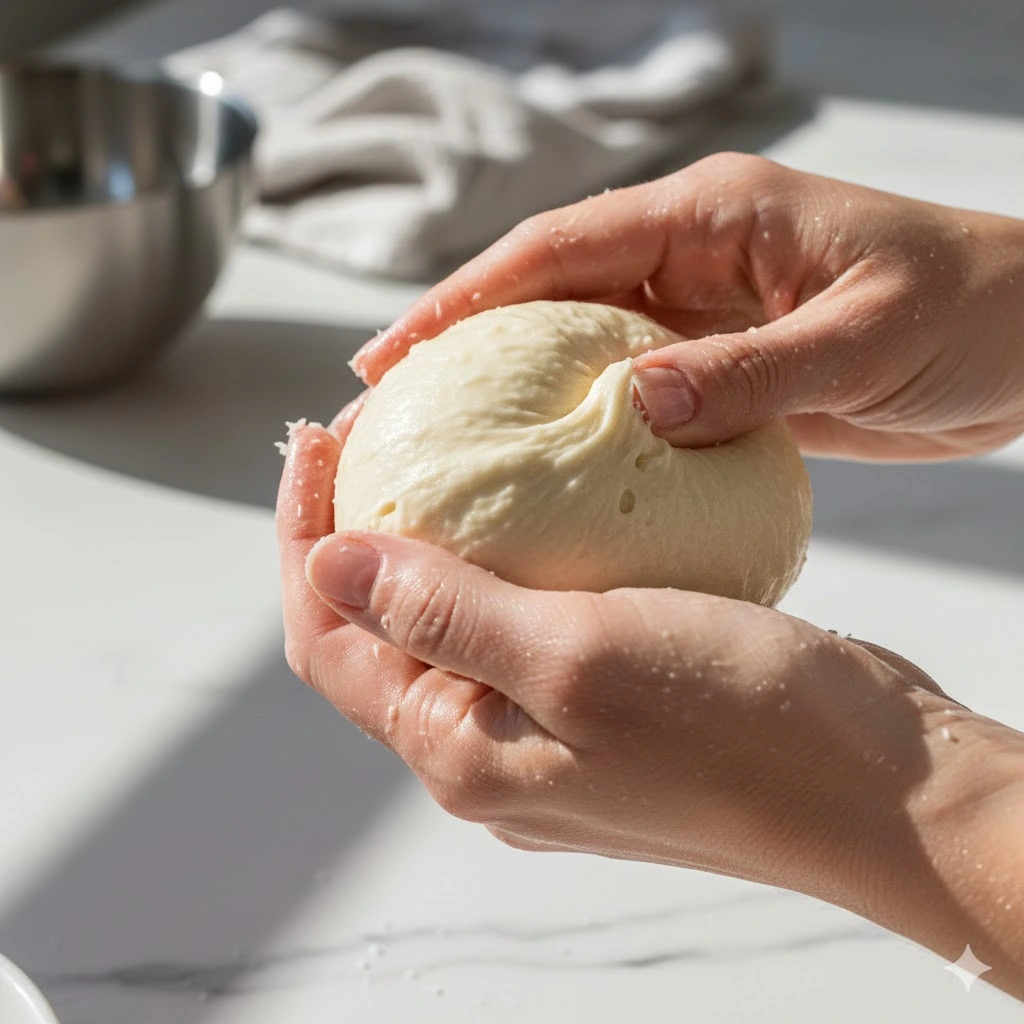 Shaping carnivore cream puff batter with coconut oil on hands - essential technique for 3 ingredient recipe