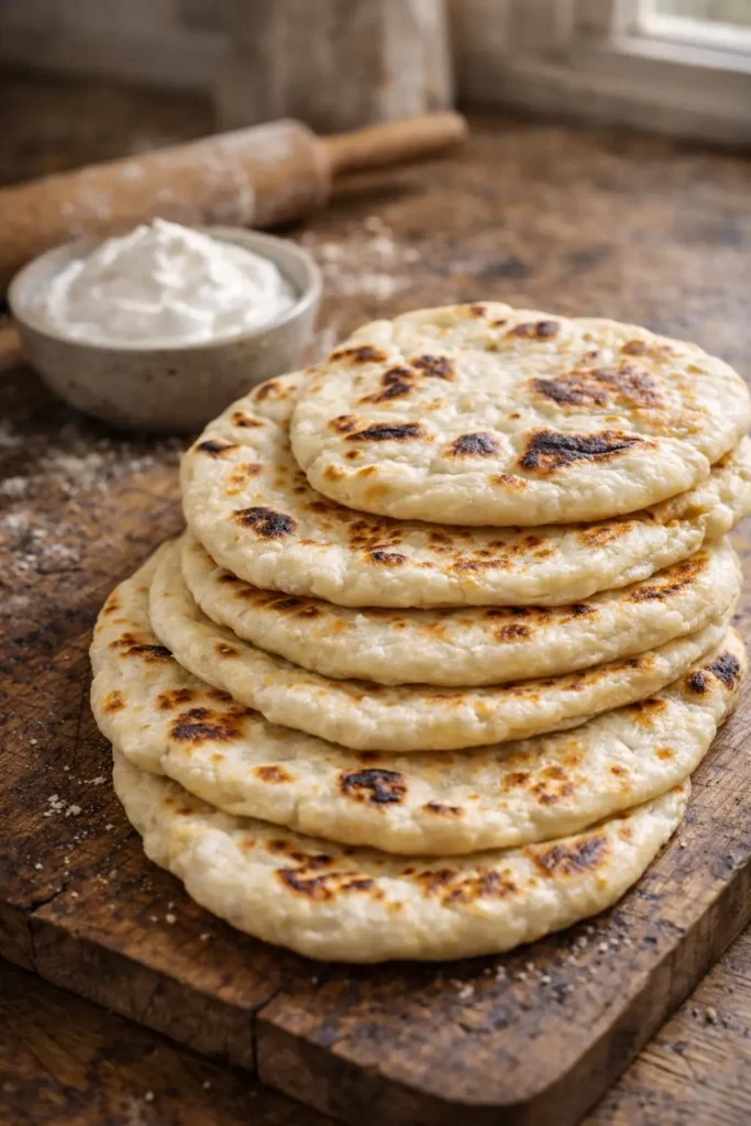 soft 3 ingredient naan bread with greek yogurt cooked in skillet