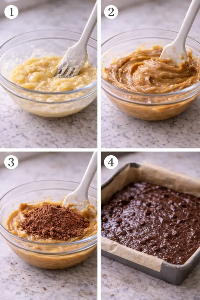 Easy 3 Ingredient Banana Brownies (Peanut Butter & Cocoa, No Eggs) 8 Steps to make 3 ingredient banana brownies