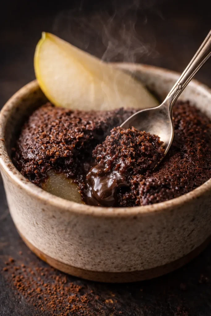 Close up of fork cutting into fudgy 3 ingredient chocolate pear cake showing moist interior"