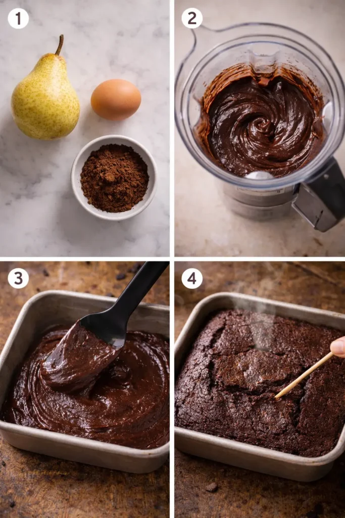 Four step process showing how to make 3 ingredient chocolate pear cake from ingredients to baked