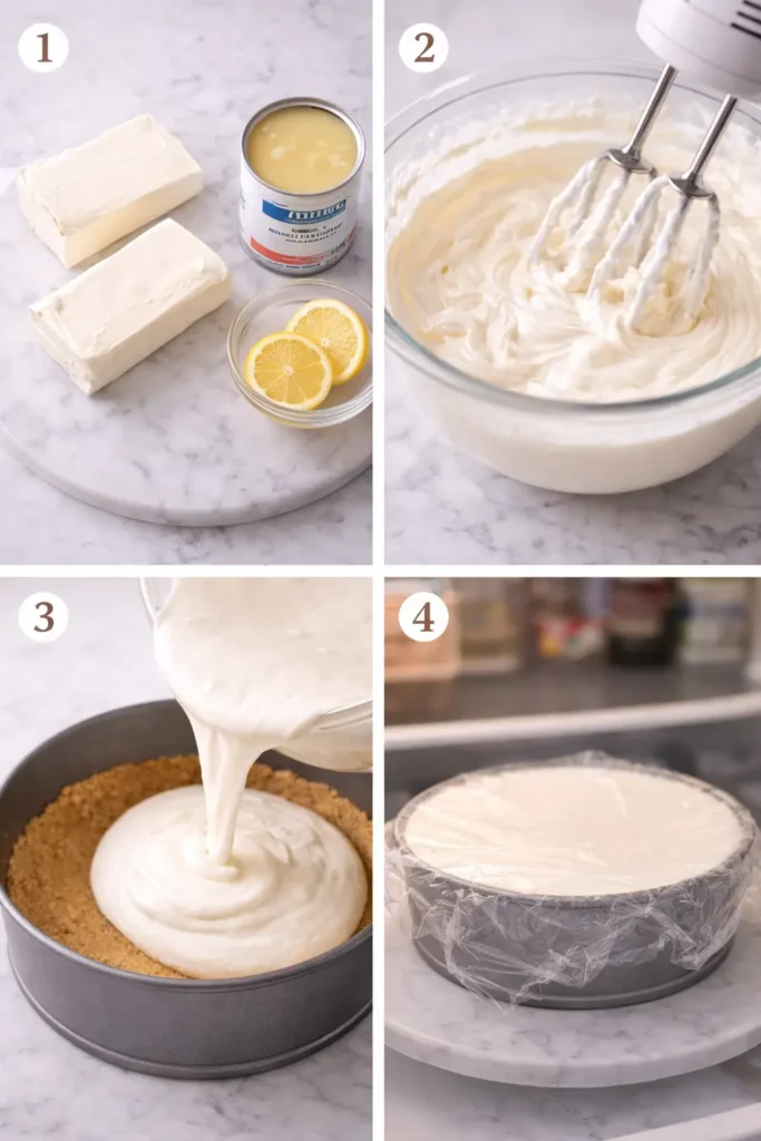 Close up of fork cutting into creamy 3 ingredient no-bake cheesecake slice showing smooth Philadelphia cream cheese filling