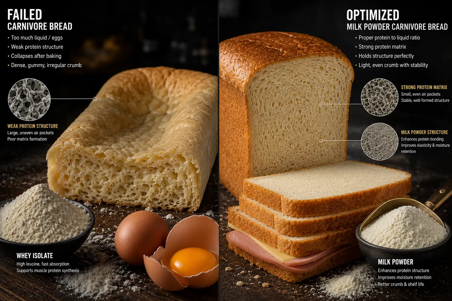 Milk powder carnivore bread compared to collapsing cheese-based carnivore bread