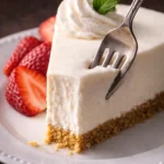 Four step process showing how to make 3 ingredient no-bake cheesecake from ingredients to chilling