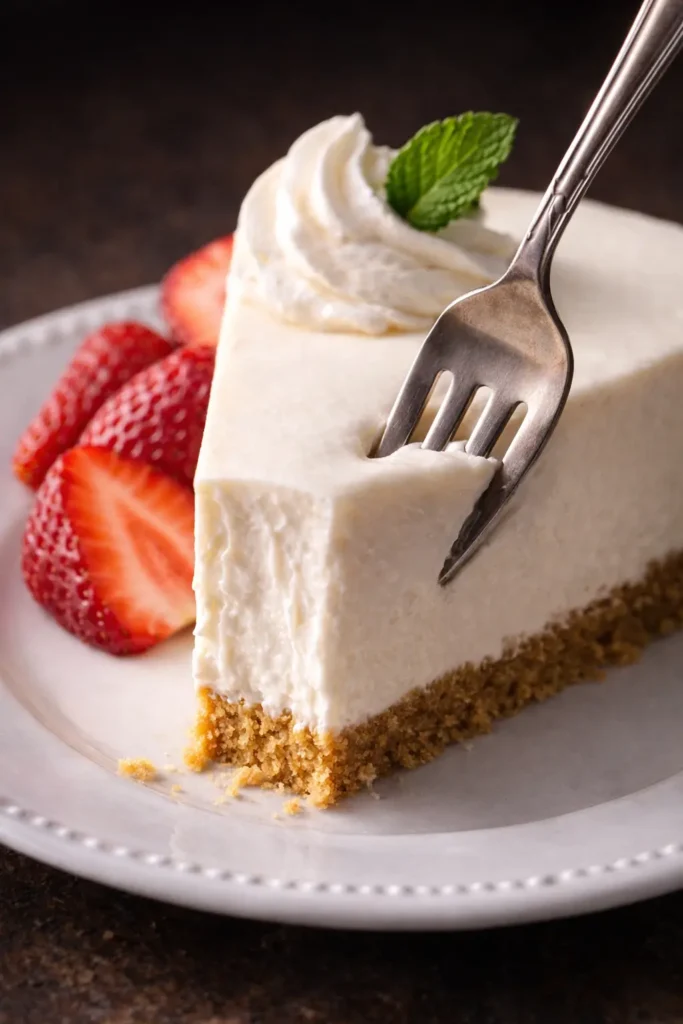 Four step process showing how to make 3 ingredient no-bake cheesecake from ingredients to chilling