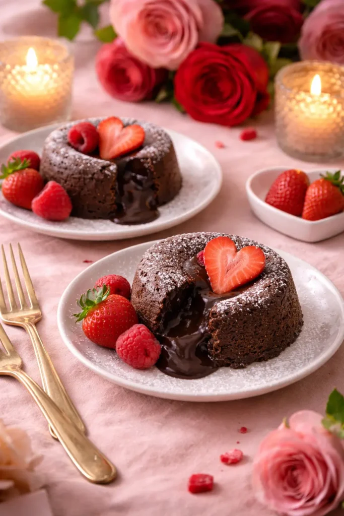Valentine's Day chocolate lava brownies with romantic table setting