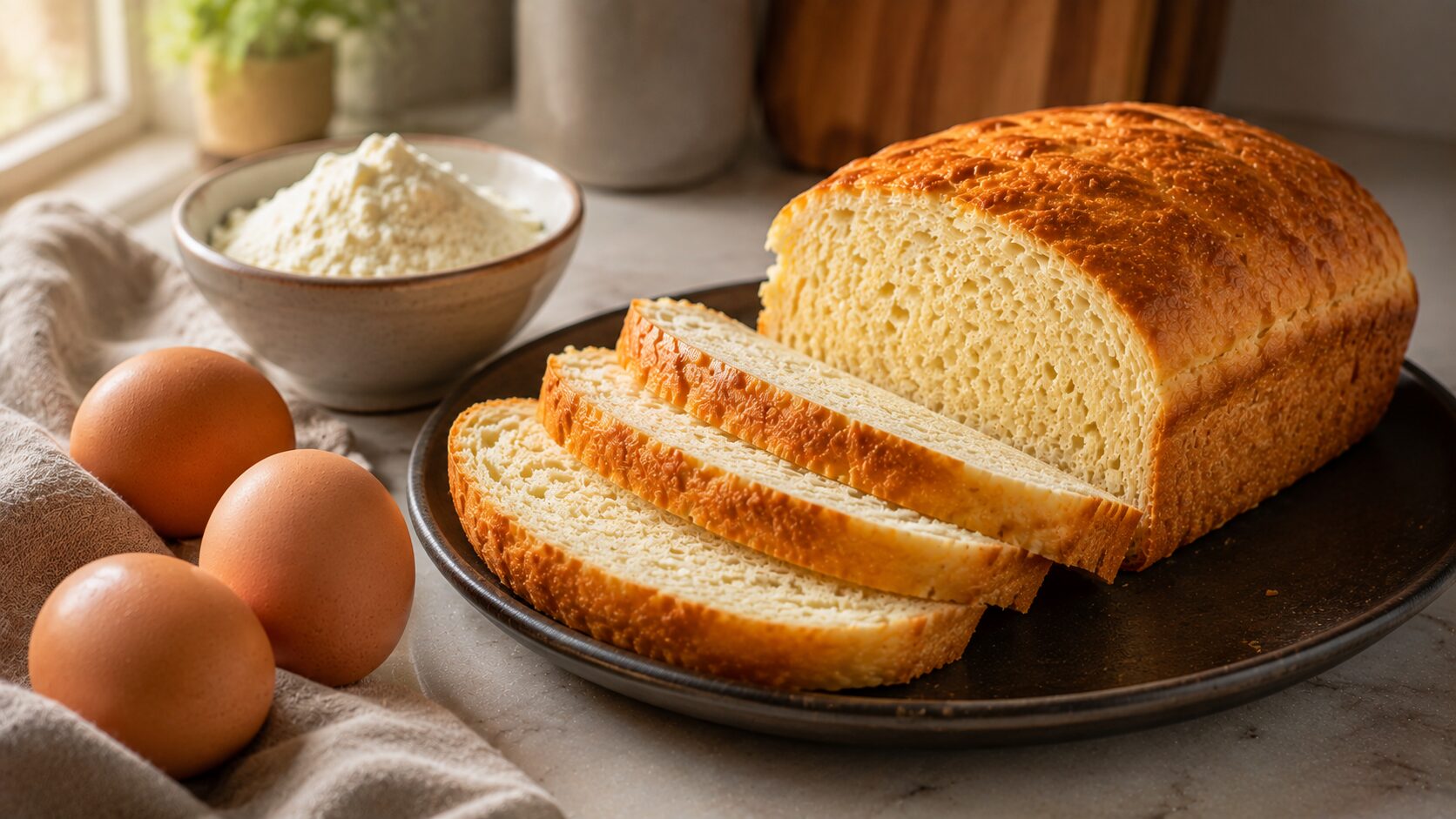 Homemade carnivore bread loaf sliced into thick pieces A simple homemade carnivore bread loaf with a soft, sliceable crumb.