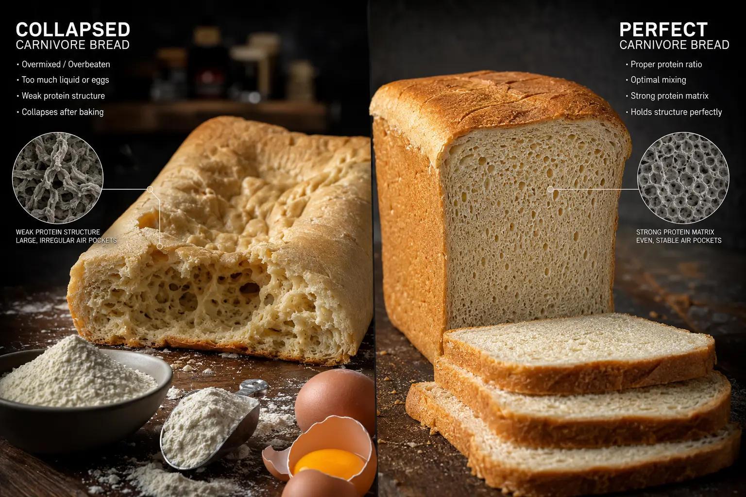 Collapsed carnivore bread compared to stable sliceable carnivore bread structure